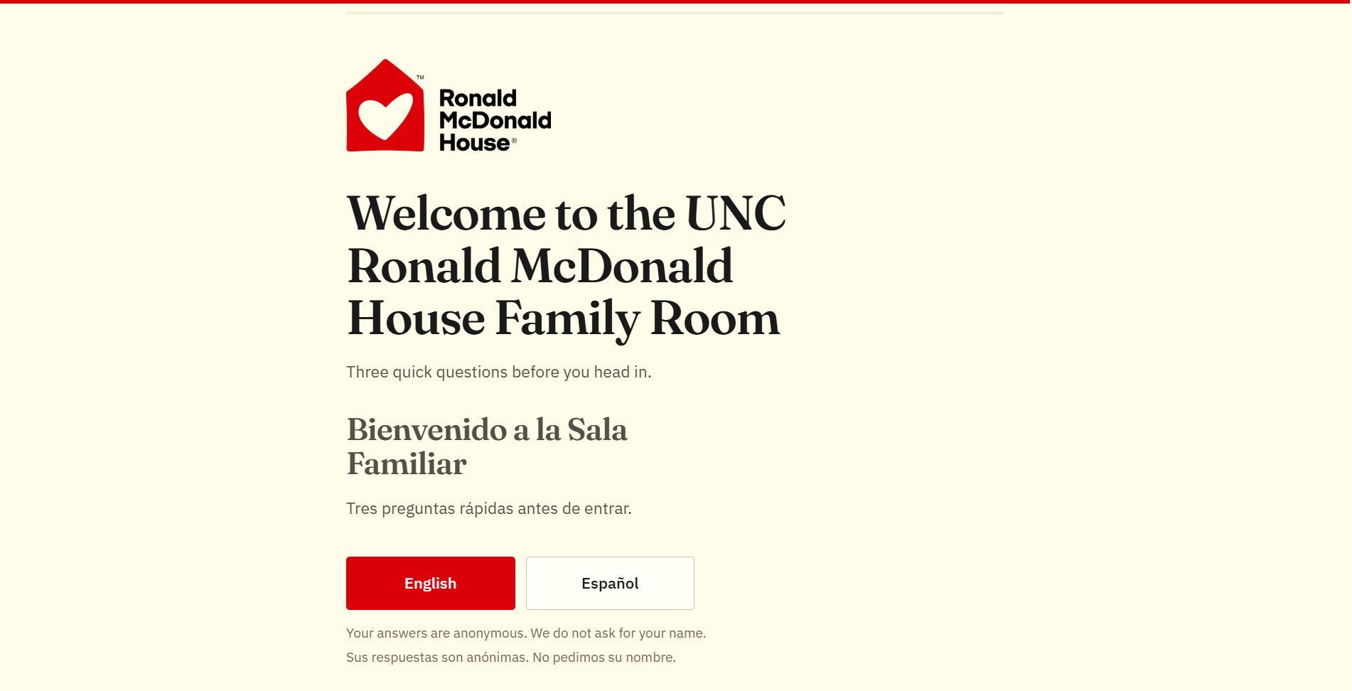 The kiosk welcome screen: the Ronald McDonald House logo, "Welcome to the UNC Ronald McDonald House Family Room" in English and Spanish, and buttons to choose English or Español.